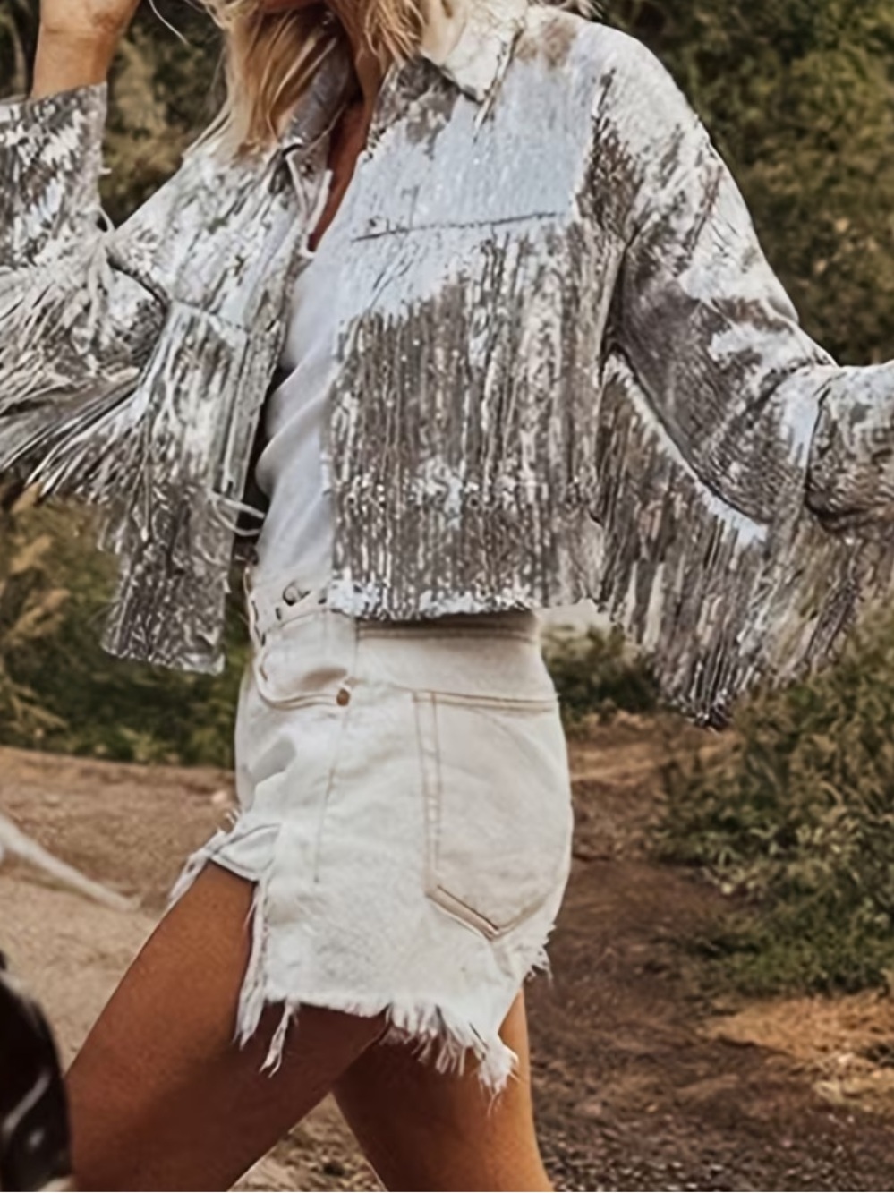 Fashionable, Elegant, and Cool Sequined Vintage Silvery Tassel Jacket Top,